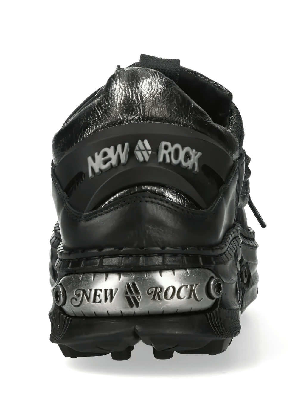 NEW ROCK Men's Punk Skull Shoes with Chunky Treaded Sole close-up of the back design and logo.