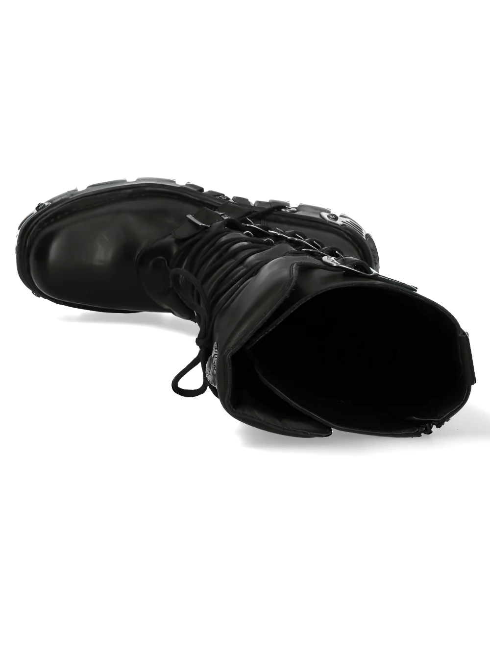 NEW ROCK Men's Punk Tall Boots with Side Straps and Zip displayed from the side, showcasing chunky lug sole and design details.