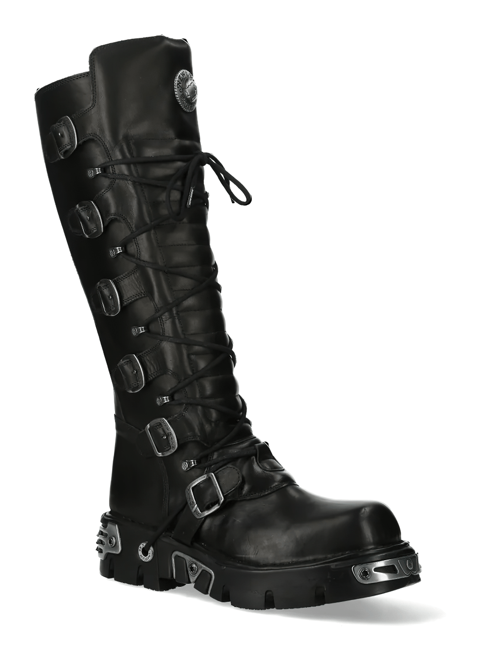 NEW ROCK Men's Punk Tall Boots with Side Straps and Zip in black with buckles and chunky lug sole.