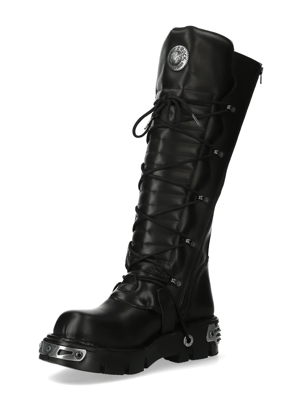 NEW ROCK Men's Punk Tall Boots with Side Straps and Zip - Black leather high boots with chunky sole and buckles.