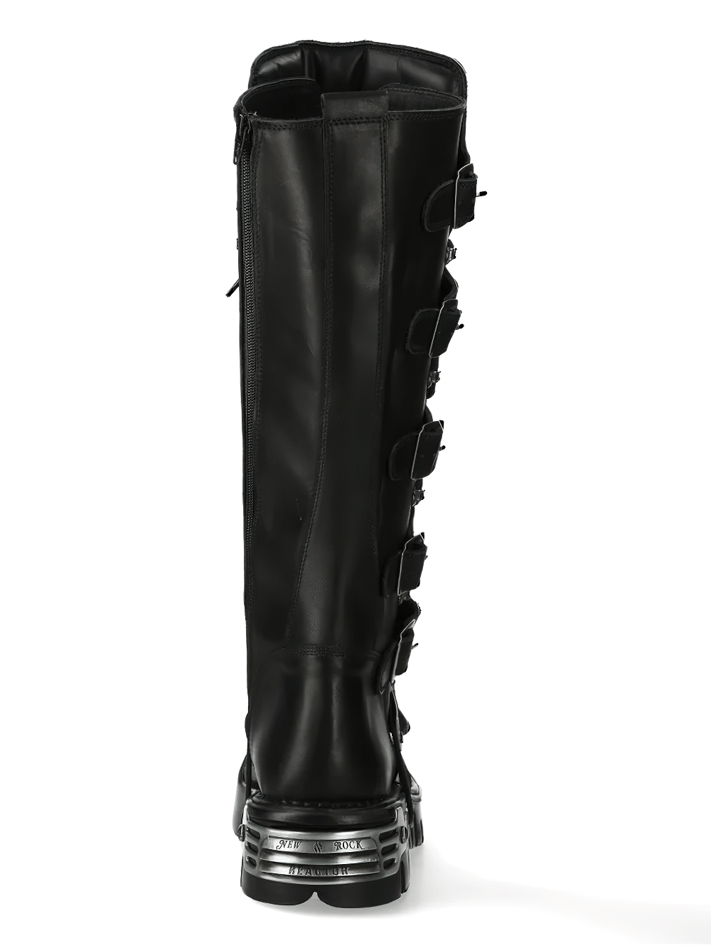 NEW ROCK Men's Punk Tall Boots with Side Straps and Zip showcasing black leather, buckle details, and a zip closure.