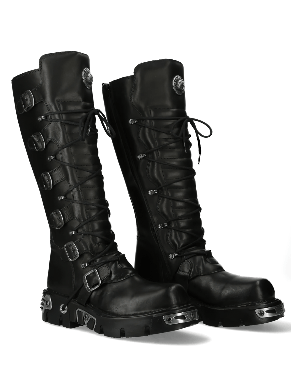 NEW ROCK Men's Punk Tall Boots with Side Straps and Zip in black, featuring chunky lug sole and bold design.