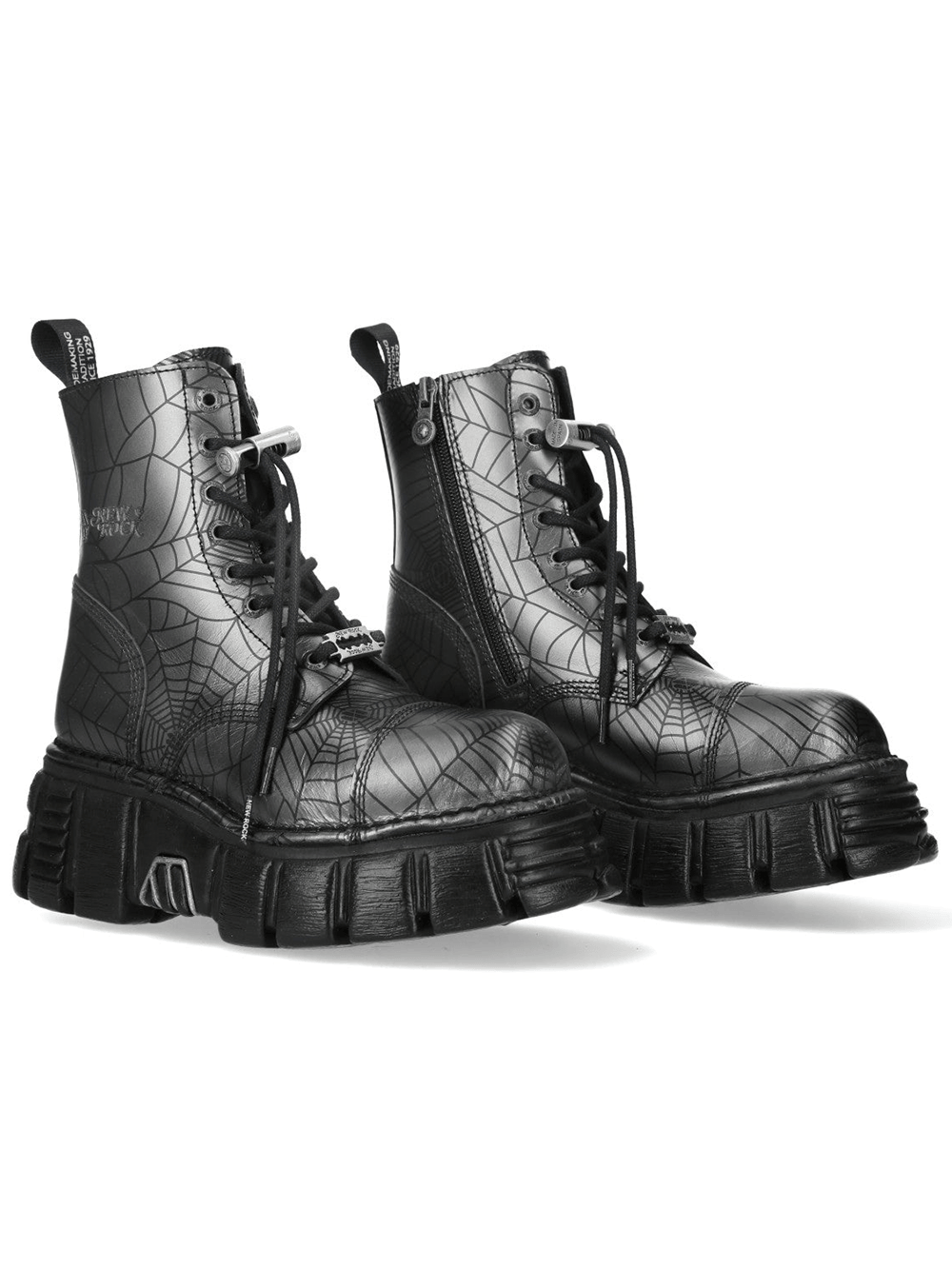 NEW ROCK Men's Punk Web Pattern Platform Lace Up Boots with black spiderweb print and chunky lug sole.