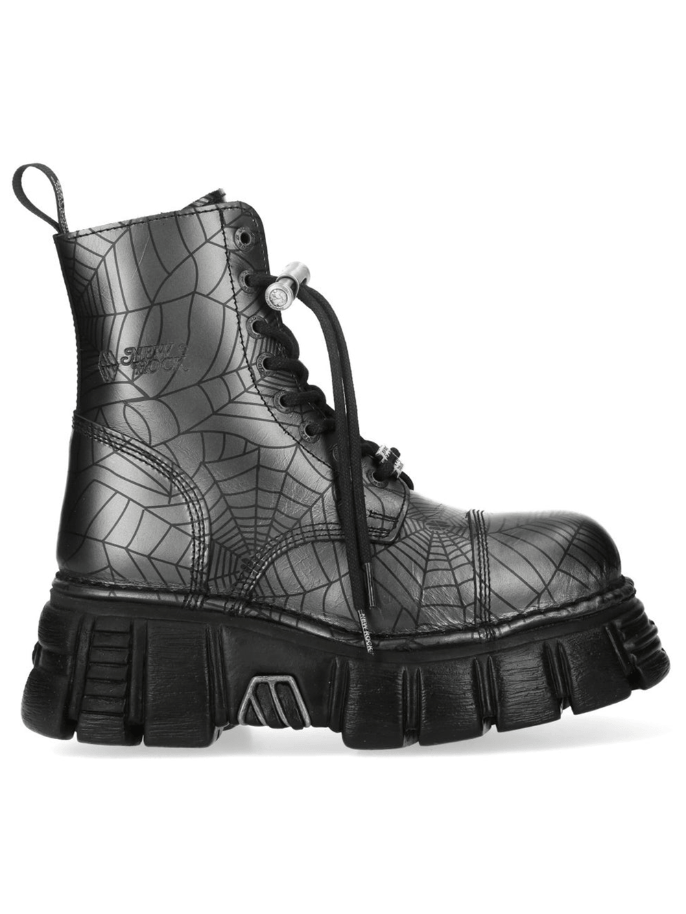NEW ROCK Men's Punk Web Pattern Platform Lace Up Boots in black with spiderweb design, showcasing a chunky lug sole.