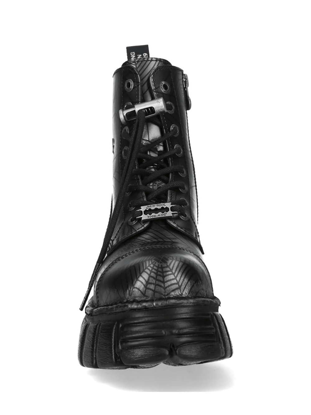 NEW ROCK Men's Punk Web Pattern Platform Lace Up Boots front view showcasing spiderweb design and chunky sole.