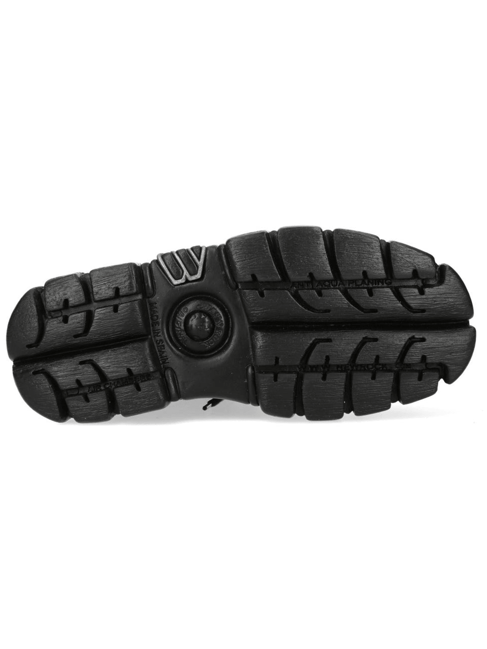 Underside view of NEW ROCK Men's Punk Web Pattern Platform Lace Up Boots showcasing tread design and sturdy construction.