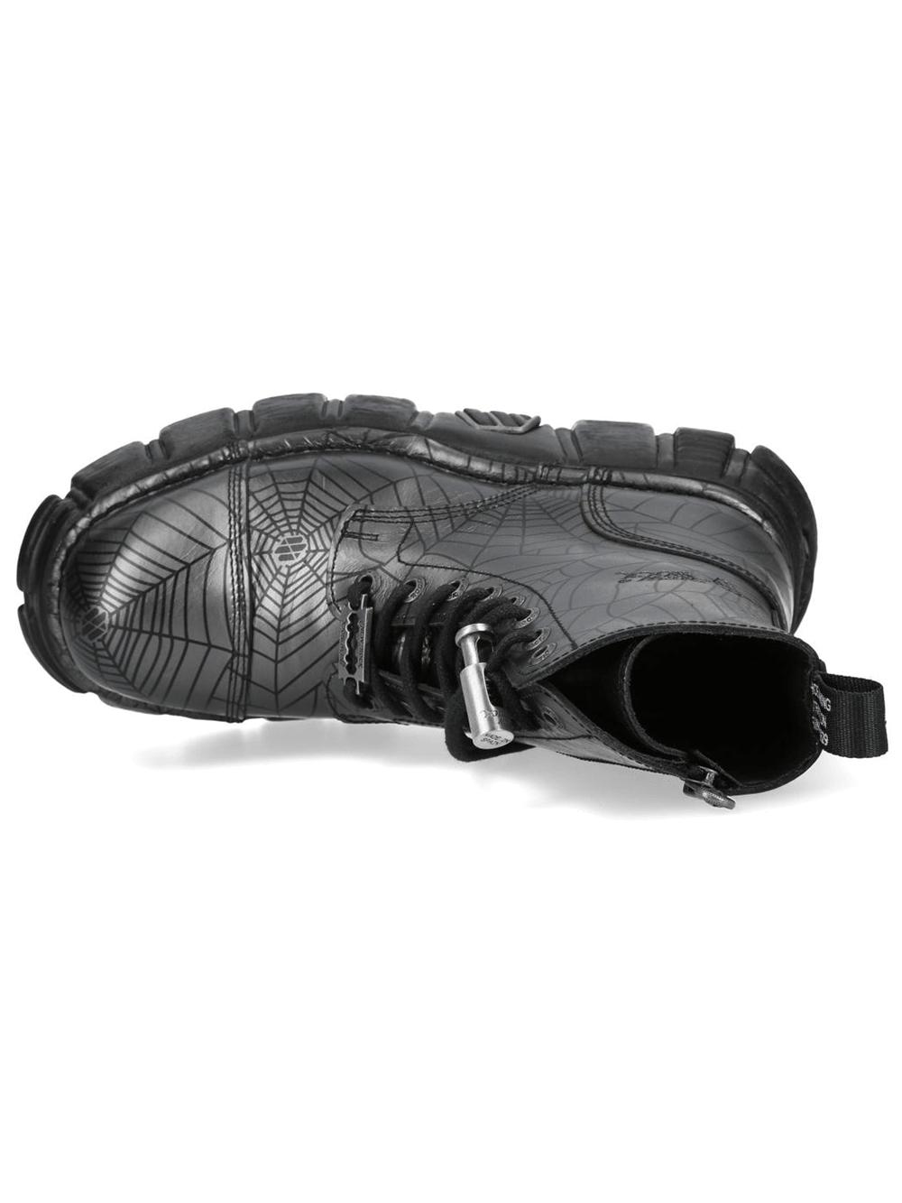NEW ROCK Men's Punk Web Pattern Platform Lace Up Boots with black spiderweb design and side zip.
