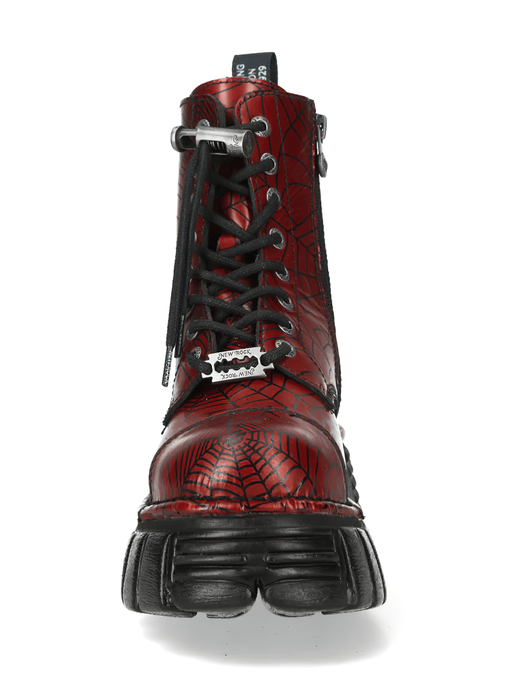 NEW ROCK Men's Red Spiderweb Boots with Chunky Platform Sole featuring a lace-up front and side zip.