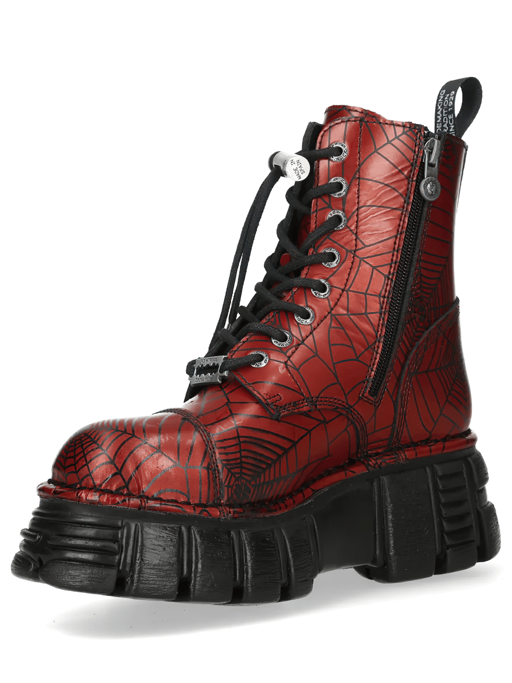 NEW ROCK Men's Red Spiderweb Boots with Chunky Platform Sole featuring red leather and spiderweb design, side zip, and chunky sole.
