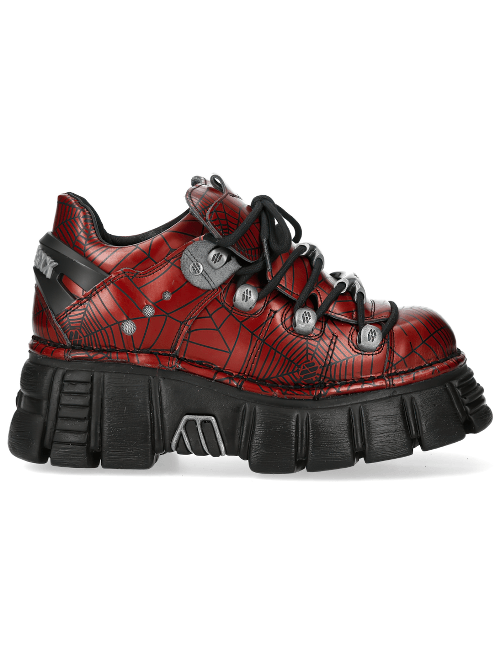 NEW ROCK Men's Red Spiderweb Lace-Up Platform Shoes with bold spiderweb print and silver flame accents.