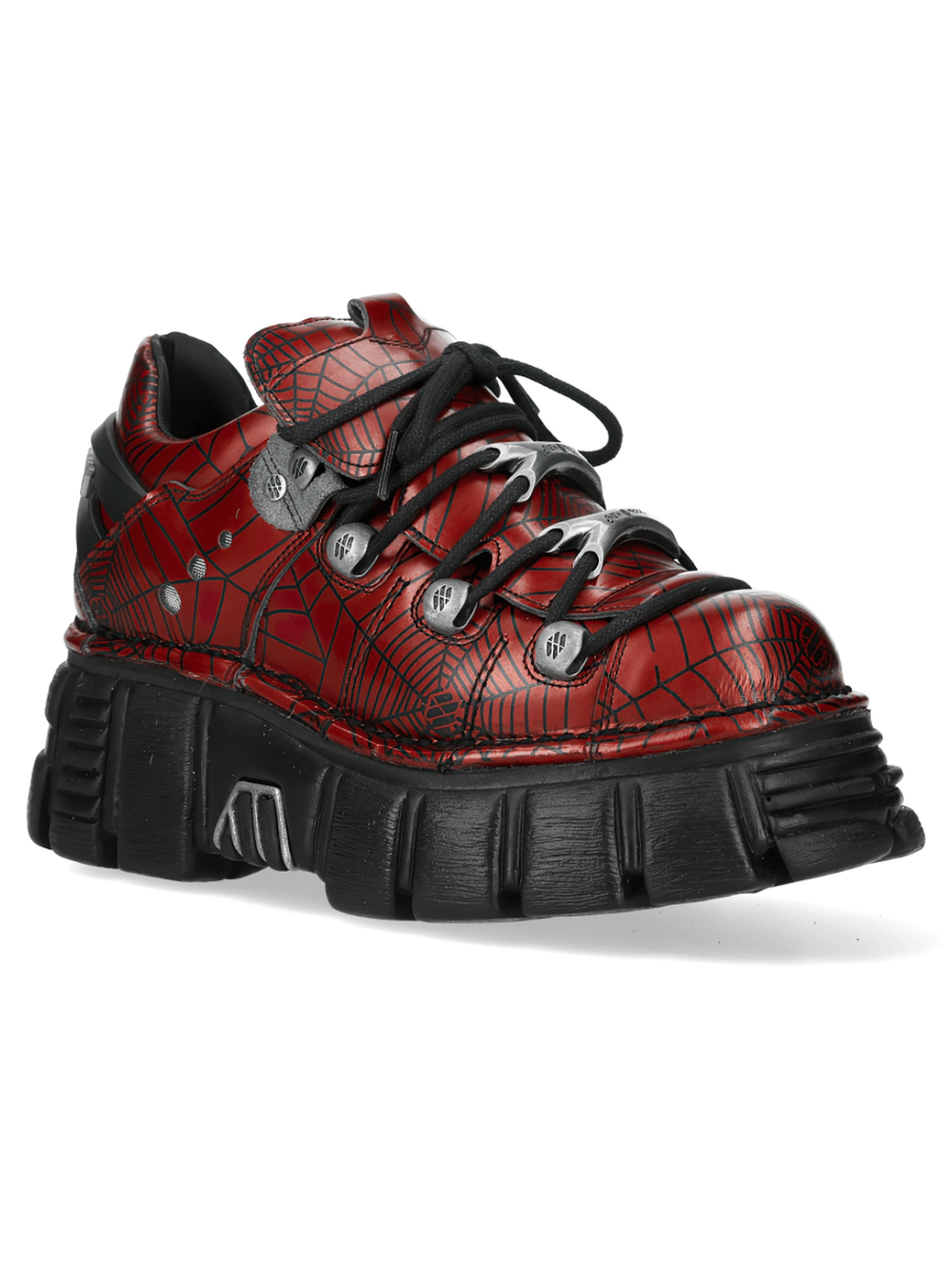 NEW ROCK Men's Red Spiderweb Lace-Up Platform Shoes featuring bold red web print and silver flame accents.