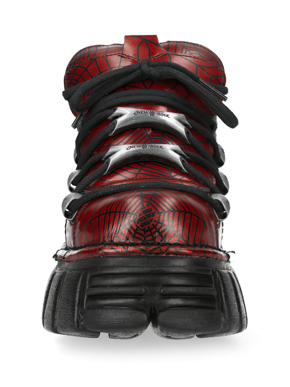 NEW ROCK Men's Red Spiderweb Lace-Up Platform Shoes featuring bold spiderweb print and silver flame accents.