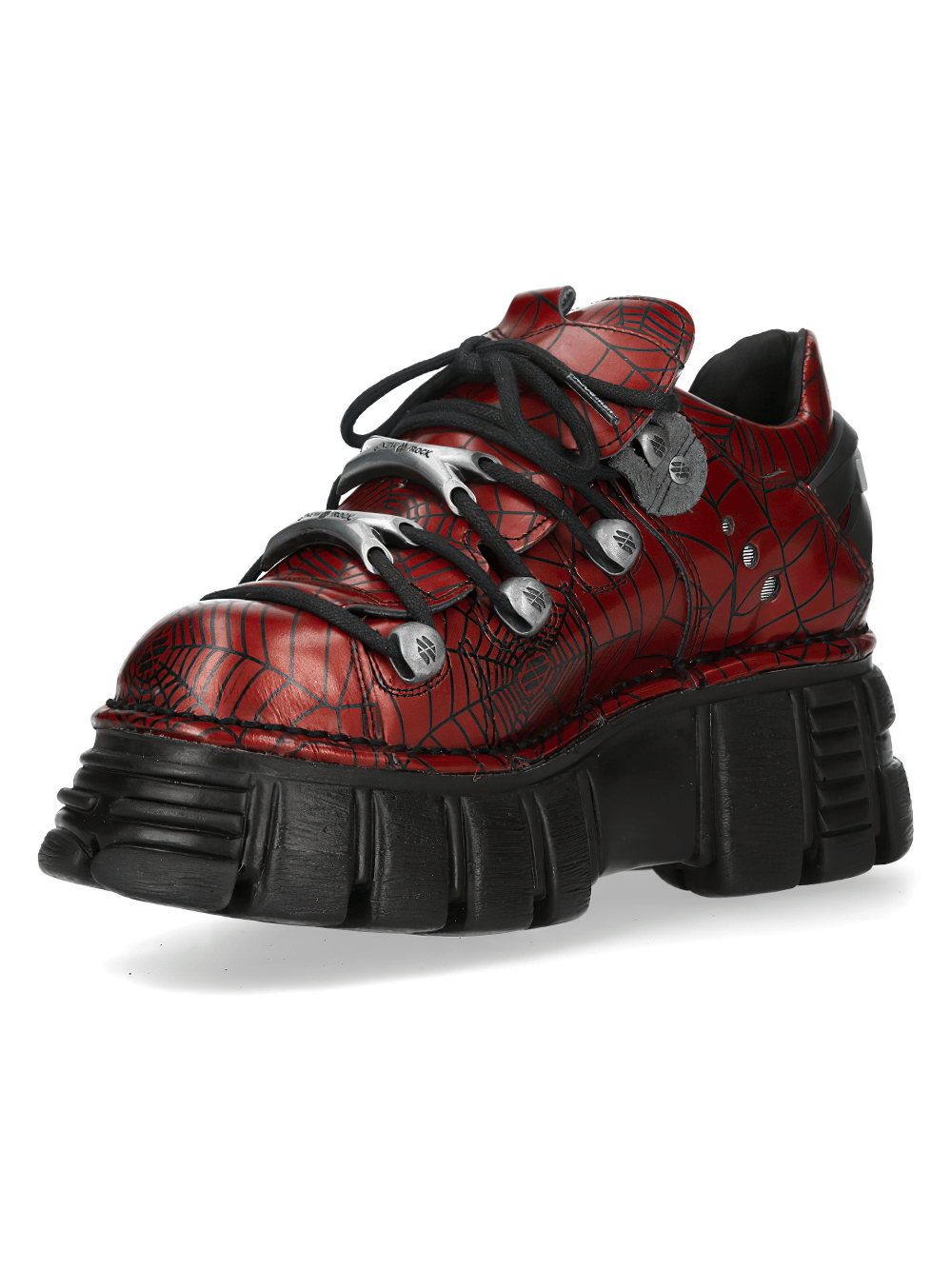 NEW ROCK Men's Red Spiderweb Lace-Up Platform Shoes featuring bold spiderweb print and silver flame accents.