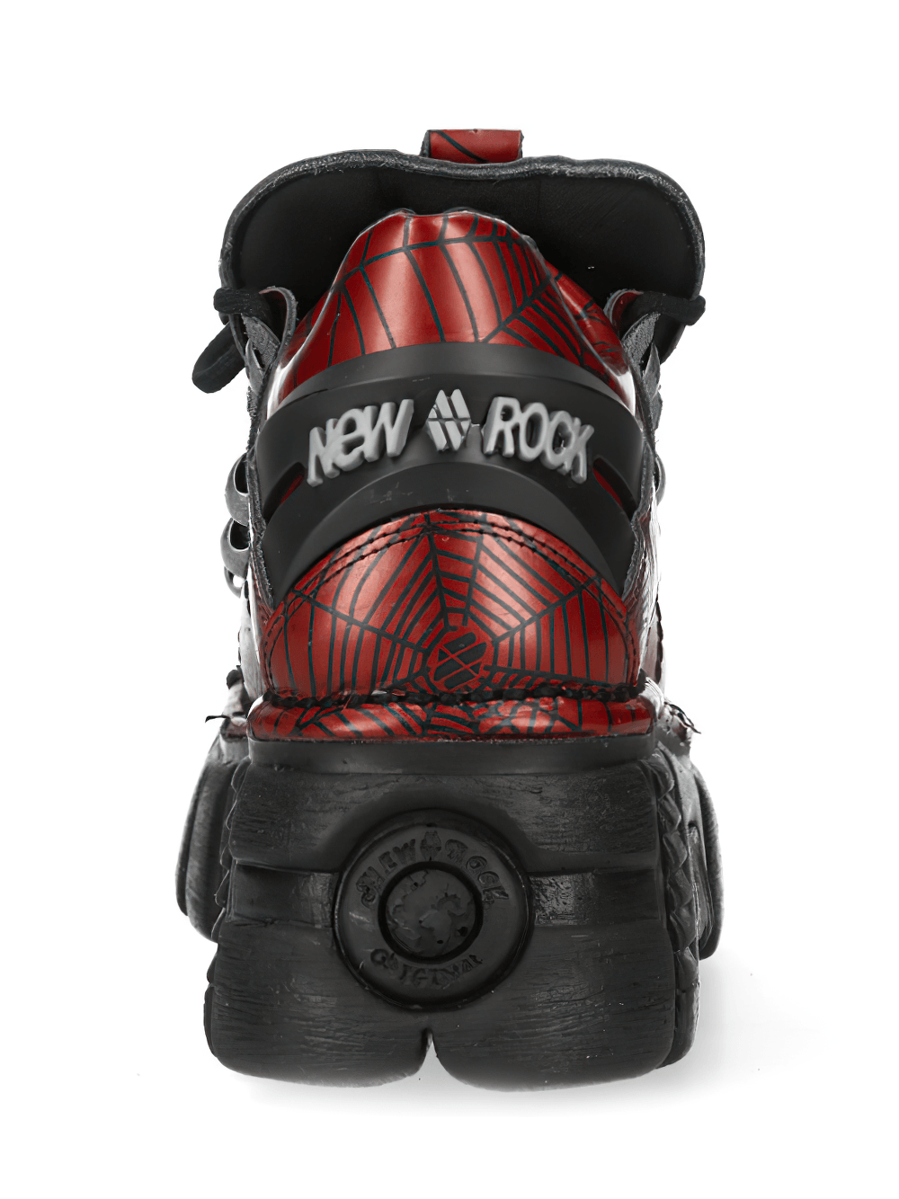 NEW ROCK Men's Red Spiderweb Lace-Up Platform Shoes with bold spiderweb print and chunky sole.