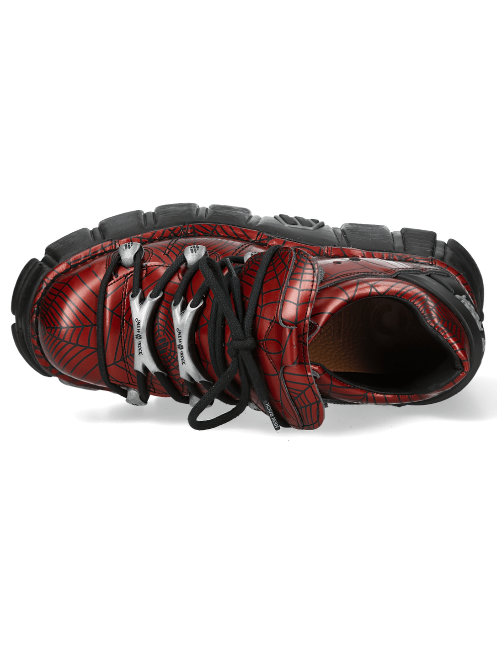 NEW ROCK Men's Red Spiderweb Lace-Up Platform Shoes showcasing red spiderweb design and silver flame accents.