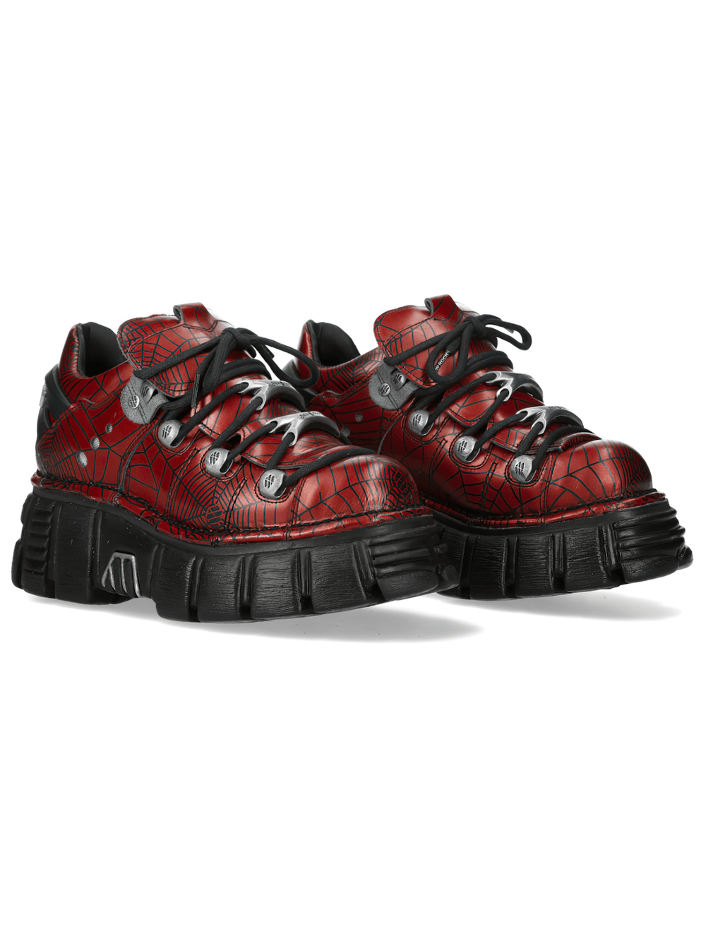 NEW ROCK Men's Red Spiderweb Lace-Up Platform Shoes with silver flame accents and chunky sole for gothic style.