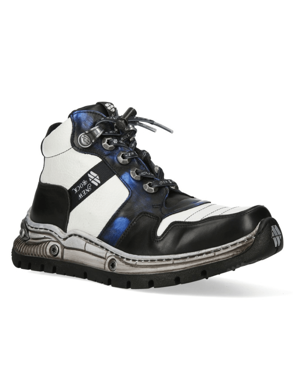 NEW ROCK Men's Rock Ankle Boots with Metallic Blue Accents featuring a rugged lace-up style and mechanical sole.