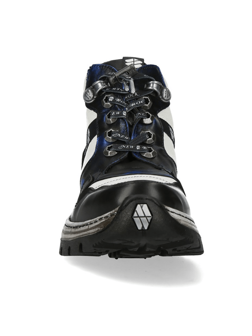 NEW ROCK Men's Rock Ankle Boots with Metallic Blue Accents featuring rugged lace-up design and mechanical sole.