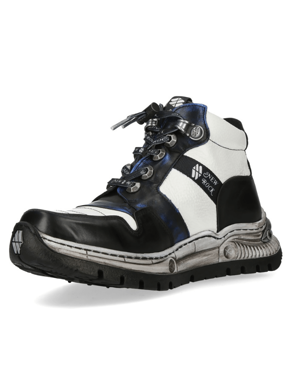NEW ROCK Men's Rock Ankle Boots with Metallic Blue Accents featuring rugged lace-up style and mechanical sole details.
