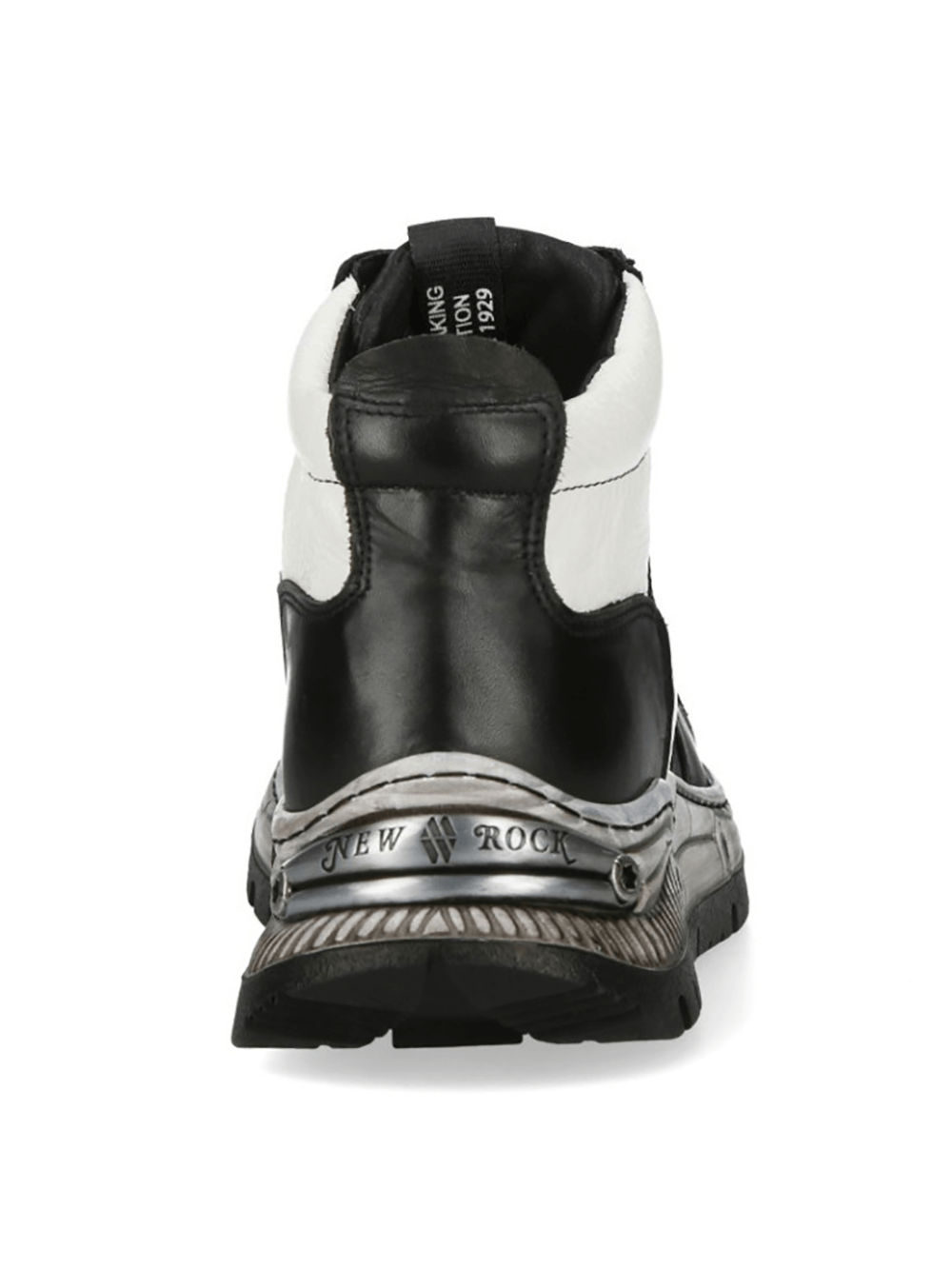NEW ROCK Men's Rock Ankle Boots with Metallic Blue Accents back view showcasing sculpted mechanical sole and rugged design.
