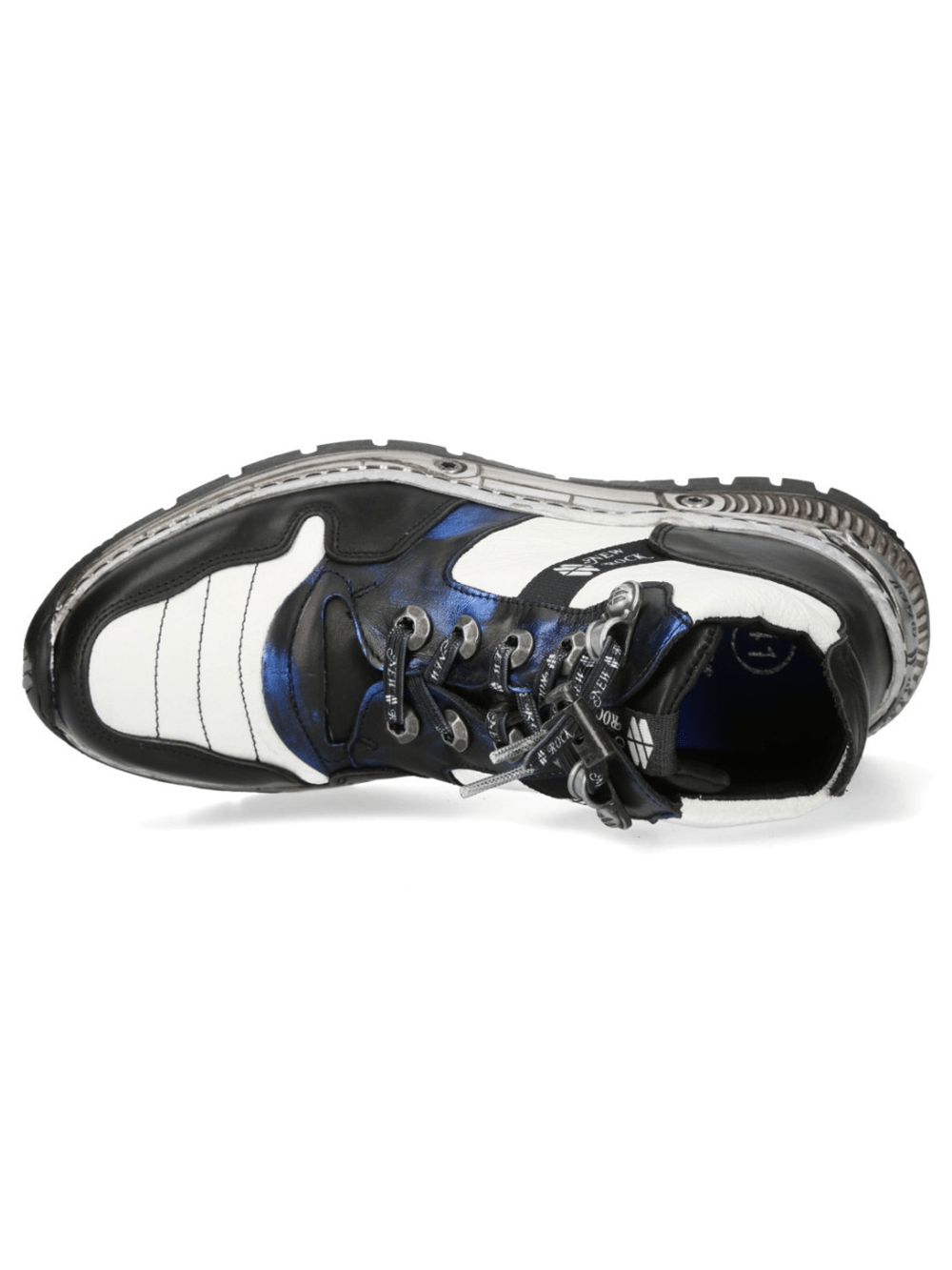 NEW ROCK Men's Rock Ankle Boots with Metallic Blue Accents, featuring a black and white colorway and mechanical sole details.