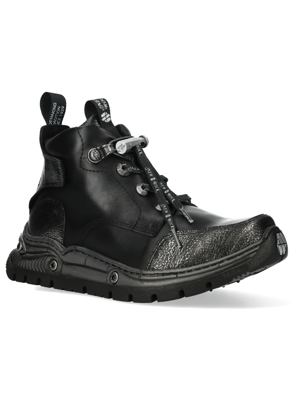 NEW ROCK Men's Rock Boots with Distressed Toes and Lug Soles featuring sleek black finish and bold metallic accents.