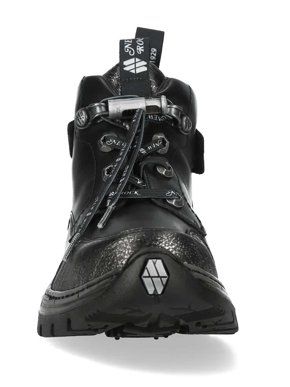 NEW ROCK Men's Rock Boots with Distressed Toes and Lug Soles - Front view showcasing lace-up design and metallic accents.