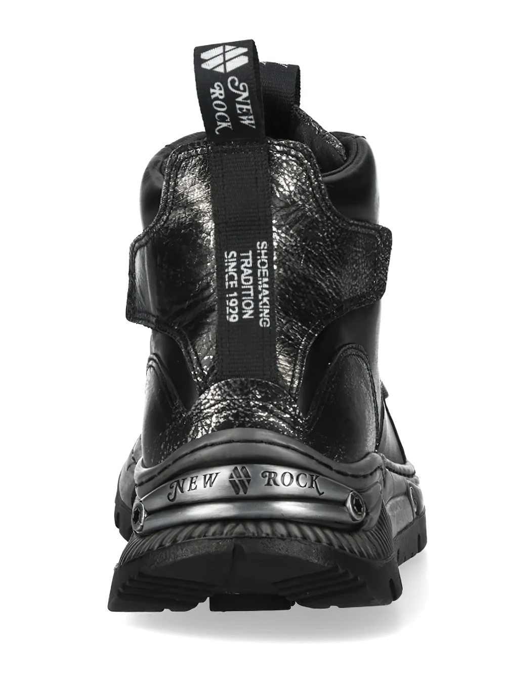 NEW ROCK Men's Rock Boots with Distressed Toes and Lug Soles - sleek black finish and metallic hardware, back view.