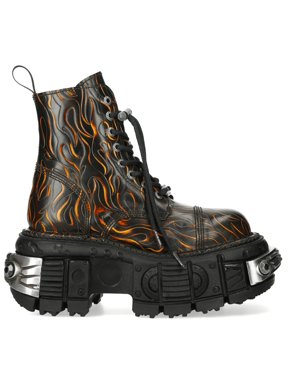 NEW ROCK Men's Rock Boots with Flame Print and Side Zipper featuring bold flame design and rugged sole.
