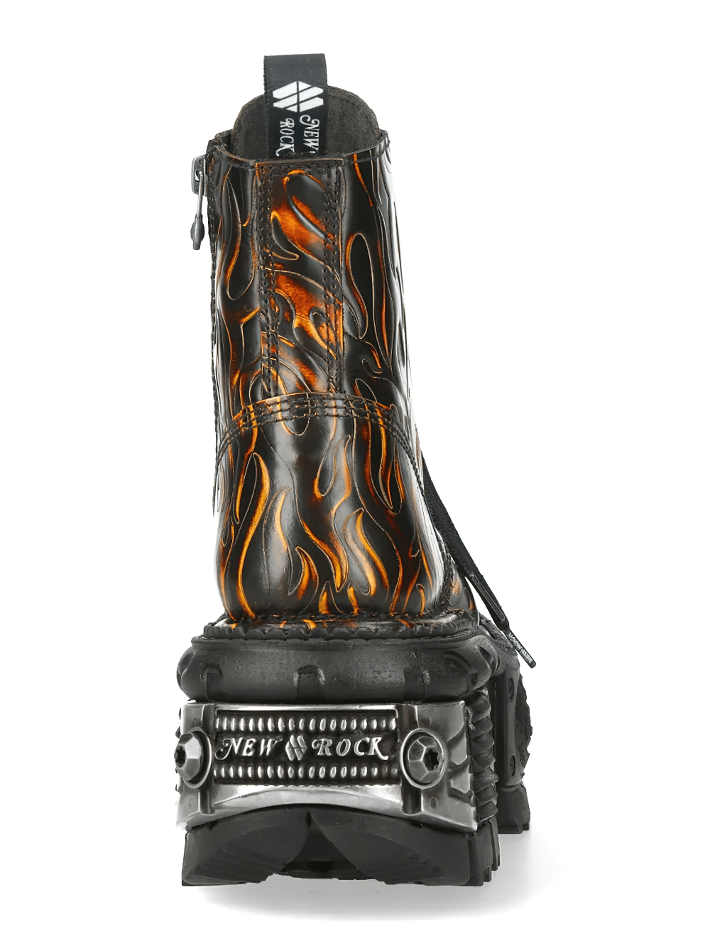 NEW ROCK Men's Rock Boots with Flame Print and Side Zipper showcasing flame design and industrial sole.