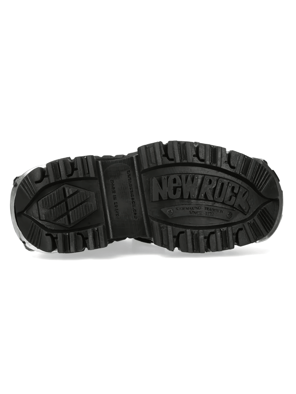 NEW ROCK Men's Rock Boots with Flame Print and Side Zipper treaded lug sole view from underneath