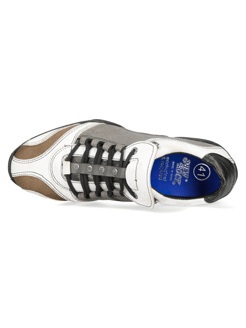 NEW ROCK Men's Rock Lace-Up Sports Shoes with Side Panels in beige and white with black laces and contrast stitching.