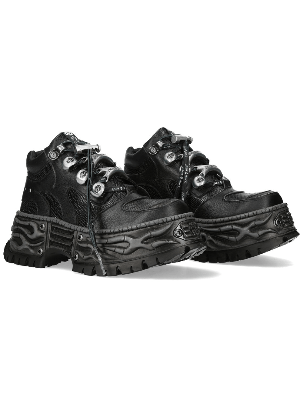 NEW ROCK Men's Rock Platform Shoes With Flame Tread Sole in black with lace-up closure and mesh panels.