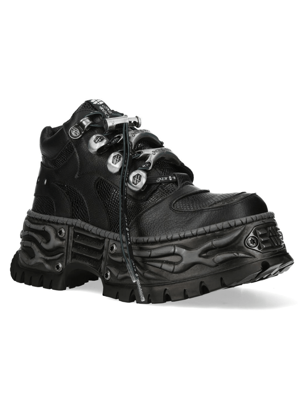 NEW ROCK Men's Rock Platform Shoes With Flame Tread Sole featuring a bold black design and lace-up closure.