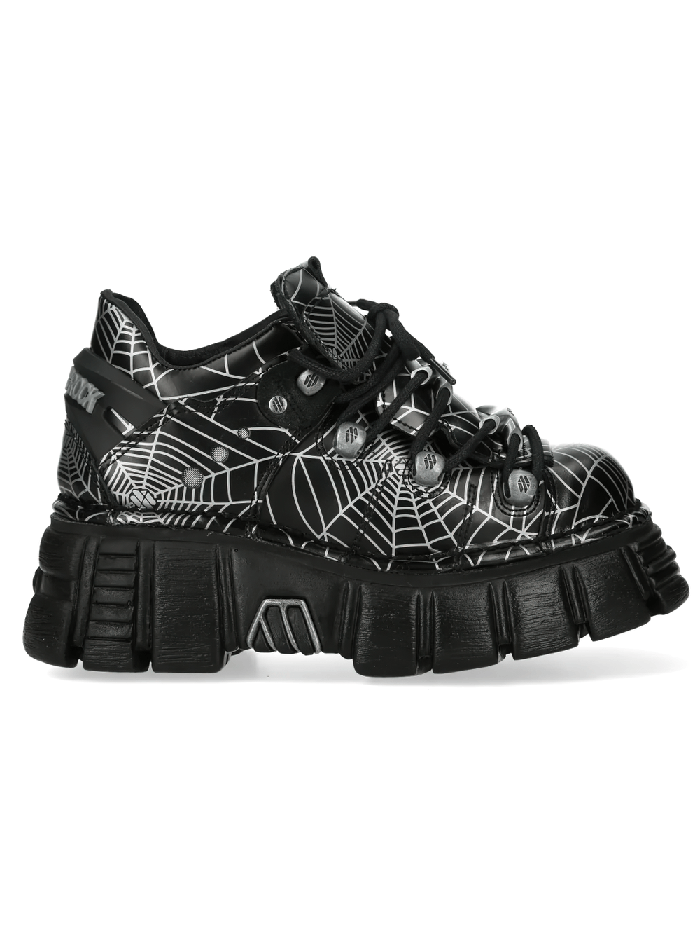 NEW ROCK Men's Rock Platform Shoes with Web Print Hardware featuring a bold spider web design and chunky sole.
