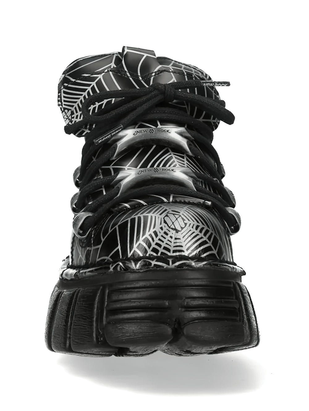NEW ROCK Men's Rock Platform Shoes with Web Print Hardware featuring bold spider web design and chunky sole.