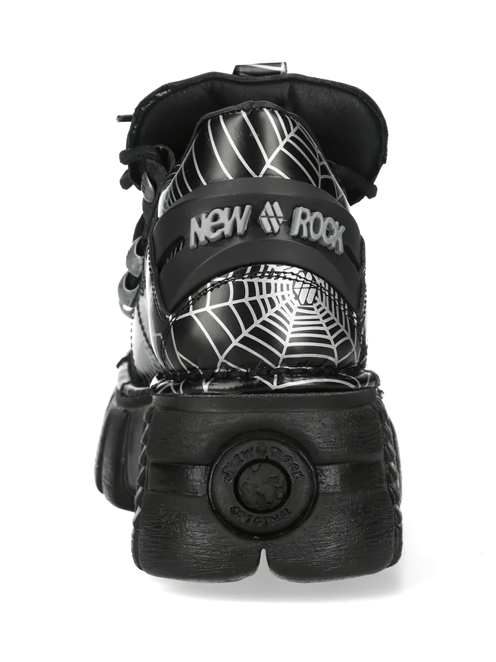 NEW ROCK Men's Rock Platform Shoes with Web Print Hardware black with silver spider web print back view