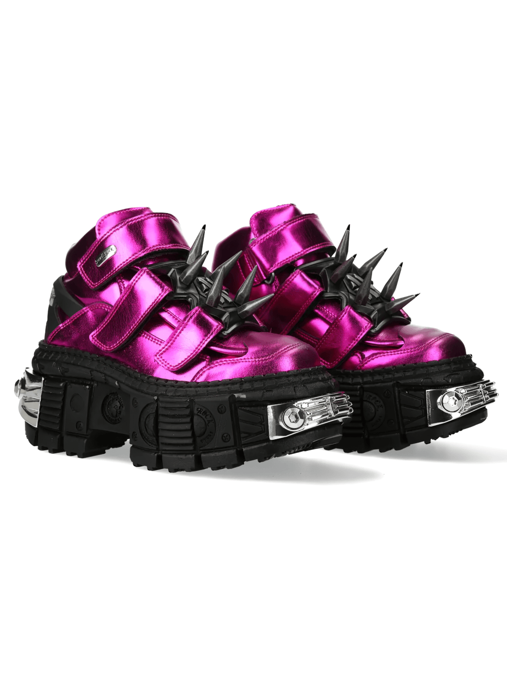 NEW ROCK Men's Rock Platform Sneakers with Spike Details in vibrant pink with spiked accents and metallic finish.