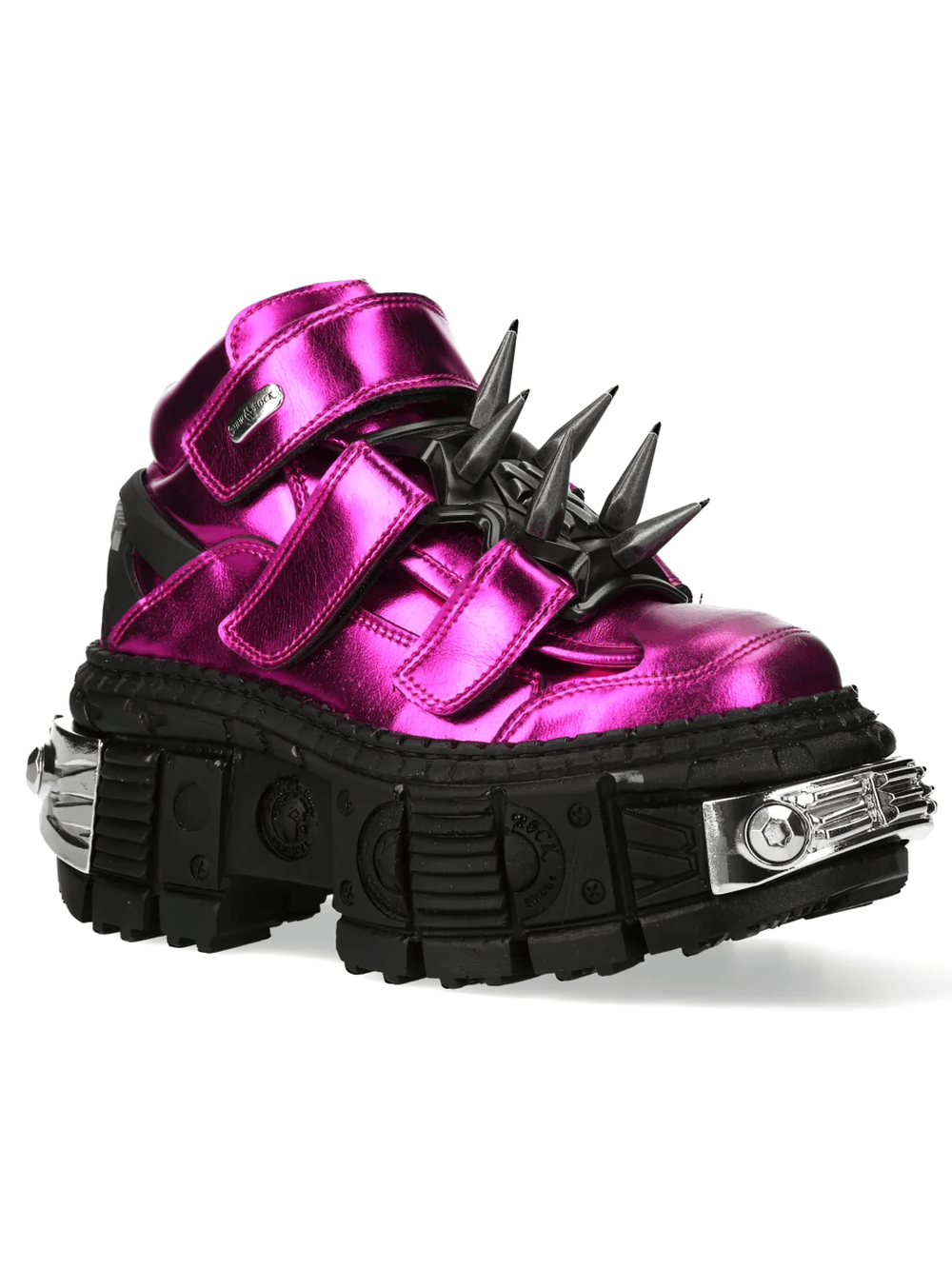 NEW ROCK Men's Rock Platform Sneakers with Spike Details in metallic pink with black spikes and chunky sole.