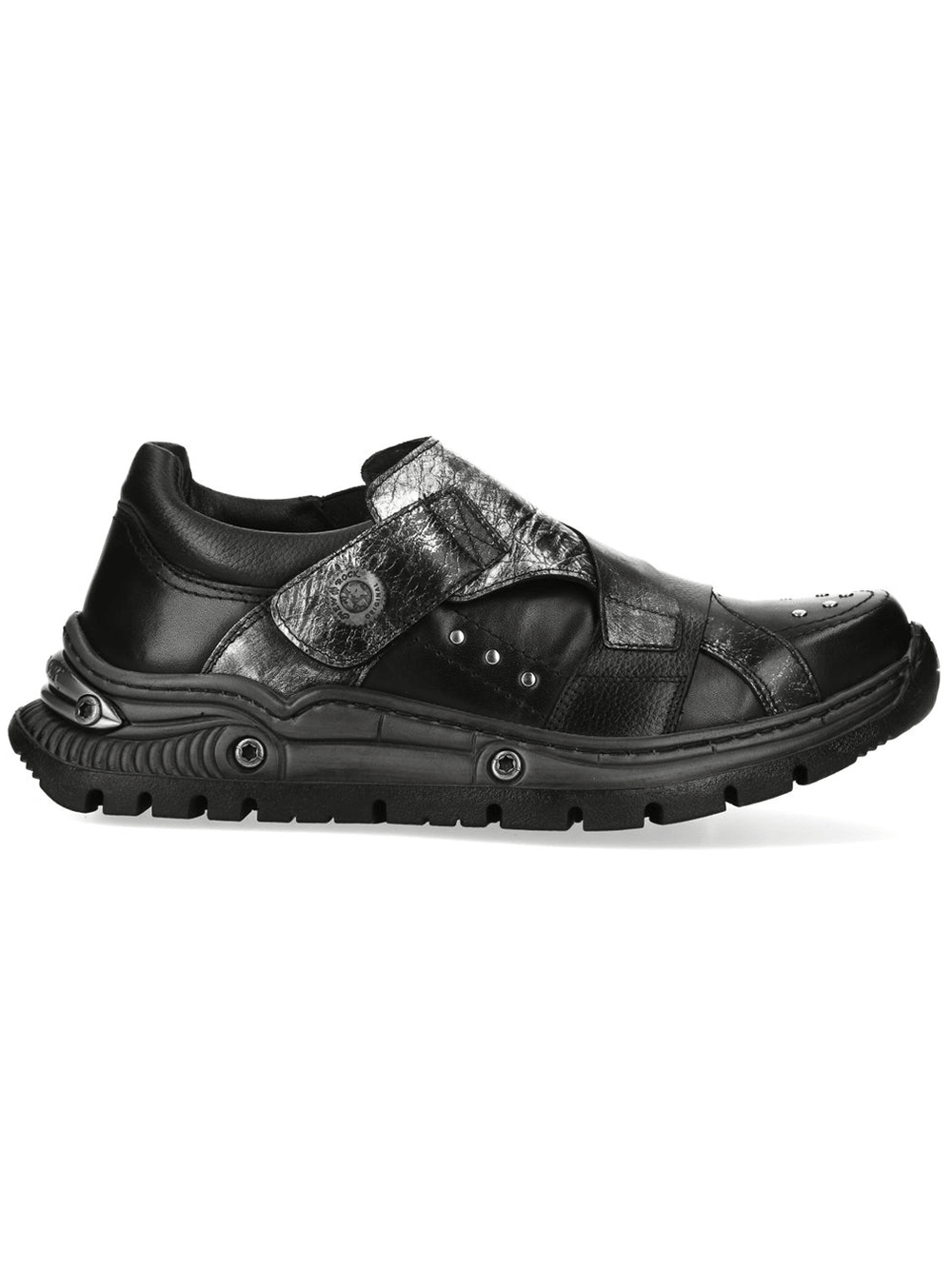 NEW ROCK Men's Rock Shoes with Metallic Panels featuring black leather and silver panels, stylish urban footwear.