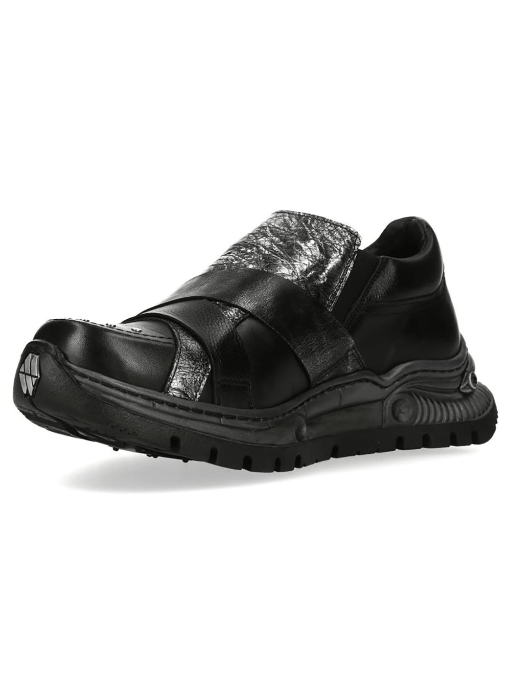 NEW ROCK Men's Rock Shoes with Metallic Panels showcasing sleek black leather and silver accents, perfect for urban style.