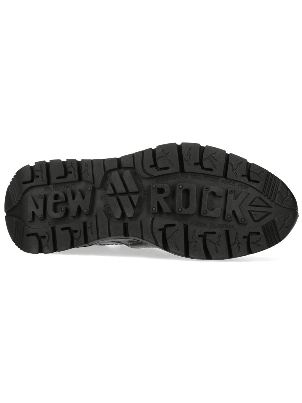 Sole of NEW ROCK Men's Rock Shoes with Metallic Panels featuring bold tread design and brand logo.