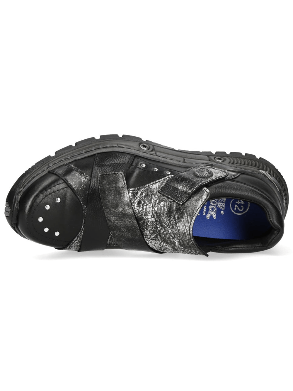 NEW ROCK Men's Rock Shoes with Metallic Panels featuring a striking black and silver design with Velcro straps.