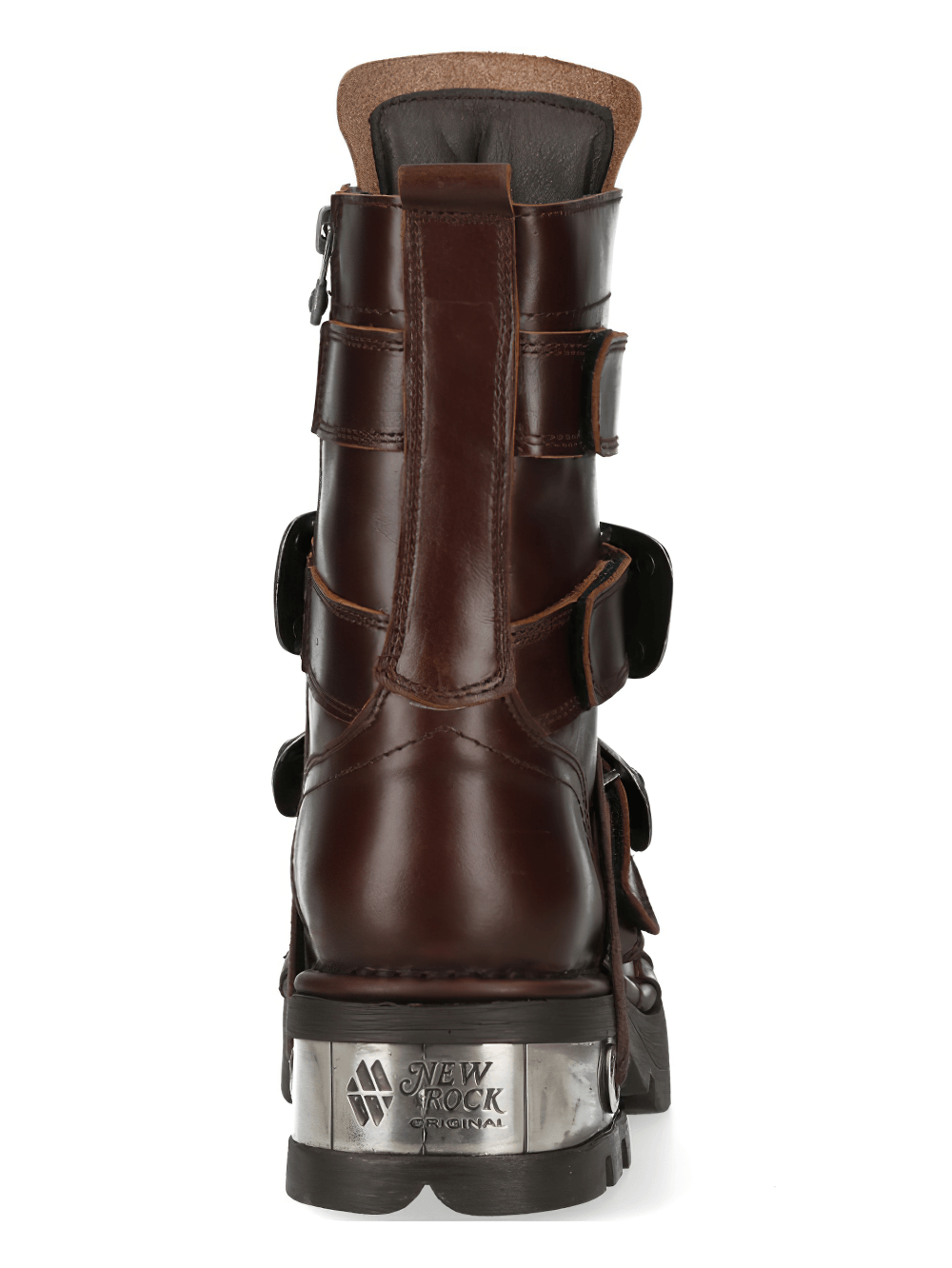 NEW ROCK Men's Rock Urban Lace-Up Boots and Silver Plates back view showcasing brown leather and silver plate trim.