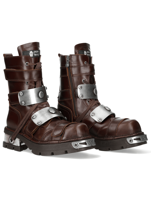 NEW ROCK Men's Rock Urban Lace-Up Boots and Silver Plates