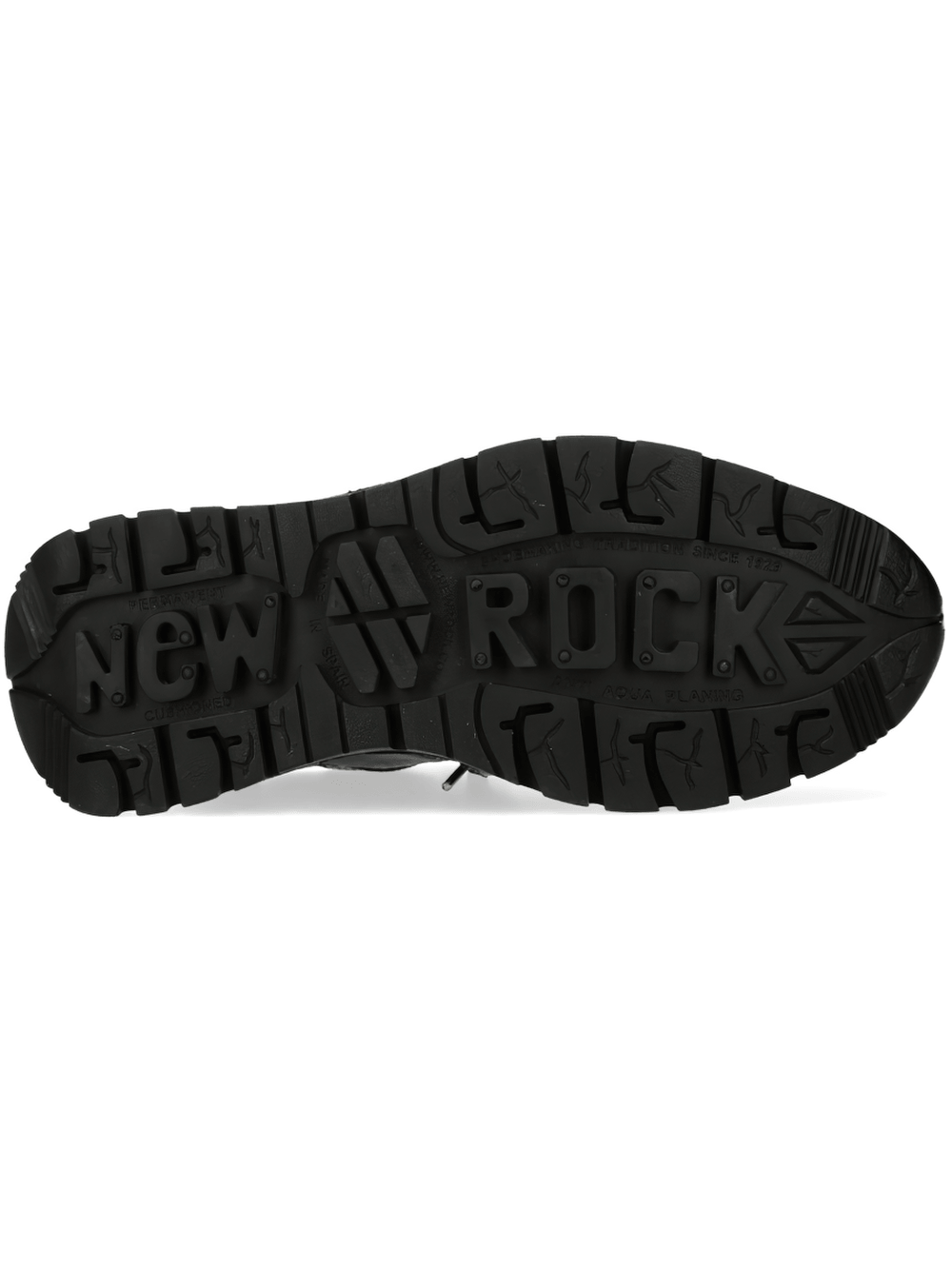 New Rock Men's Shoes Black Rock with Skull Hardware sole view showcasing heavy tread and gothic design.