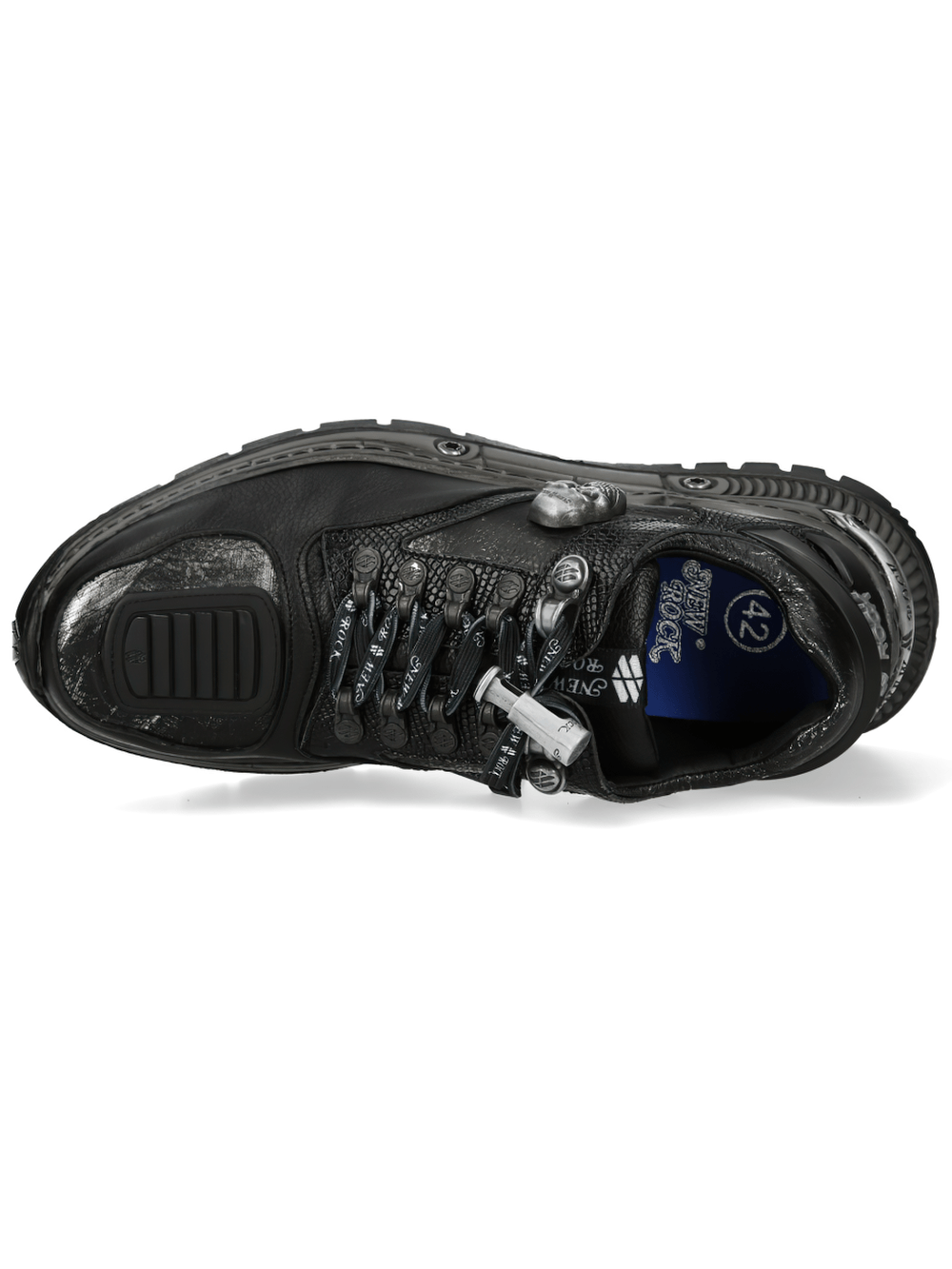 NEW ROCK Men's Shoes Black Rock with Skull Hardware top view showcasing black leather and metal hook lacing.