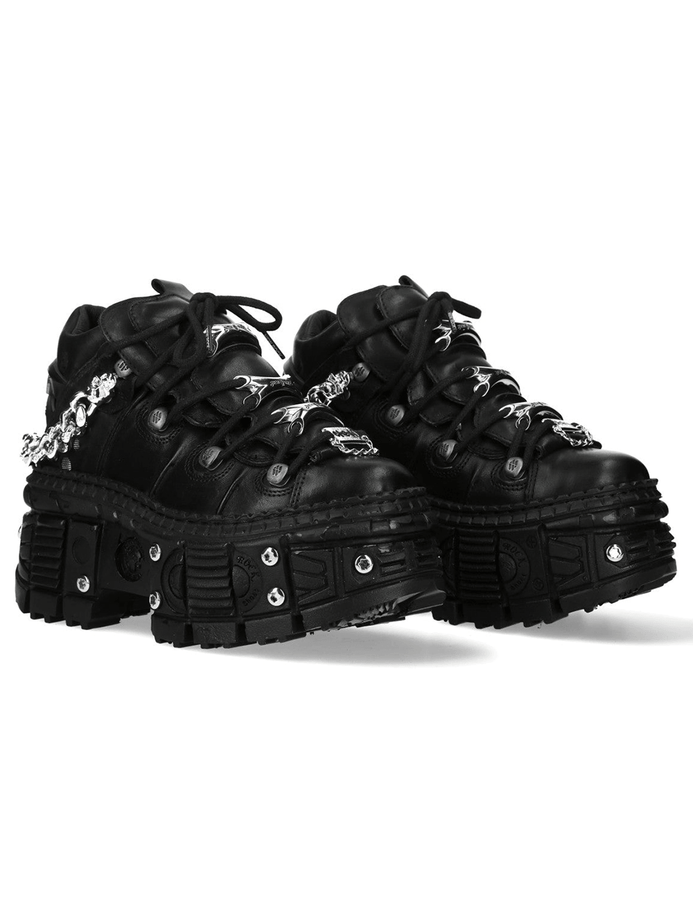 NEW ROCK Men's Shoes with Chains and Bat Wing Details featuring a black punk platform sneaker design.