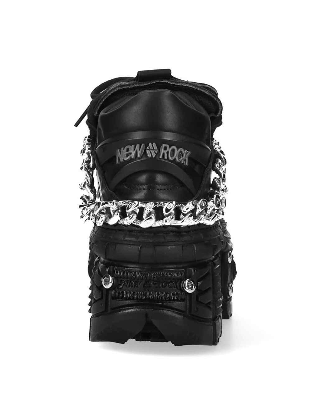 NEW ROCK Men's Shoes with Chains and Bat Wing Details featuring a rugged black design and bold metallic chains.
