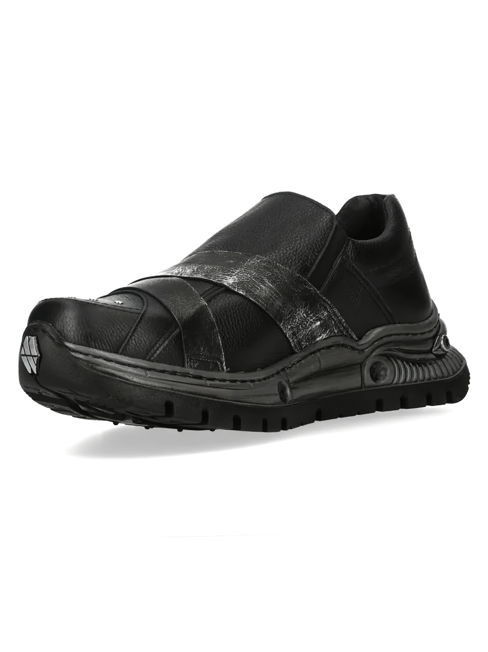 NEW ROCK Men's Shoes with Distressed Metallic Paneling showcasing a rugged black slip-on design.